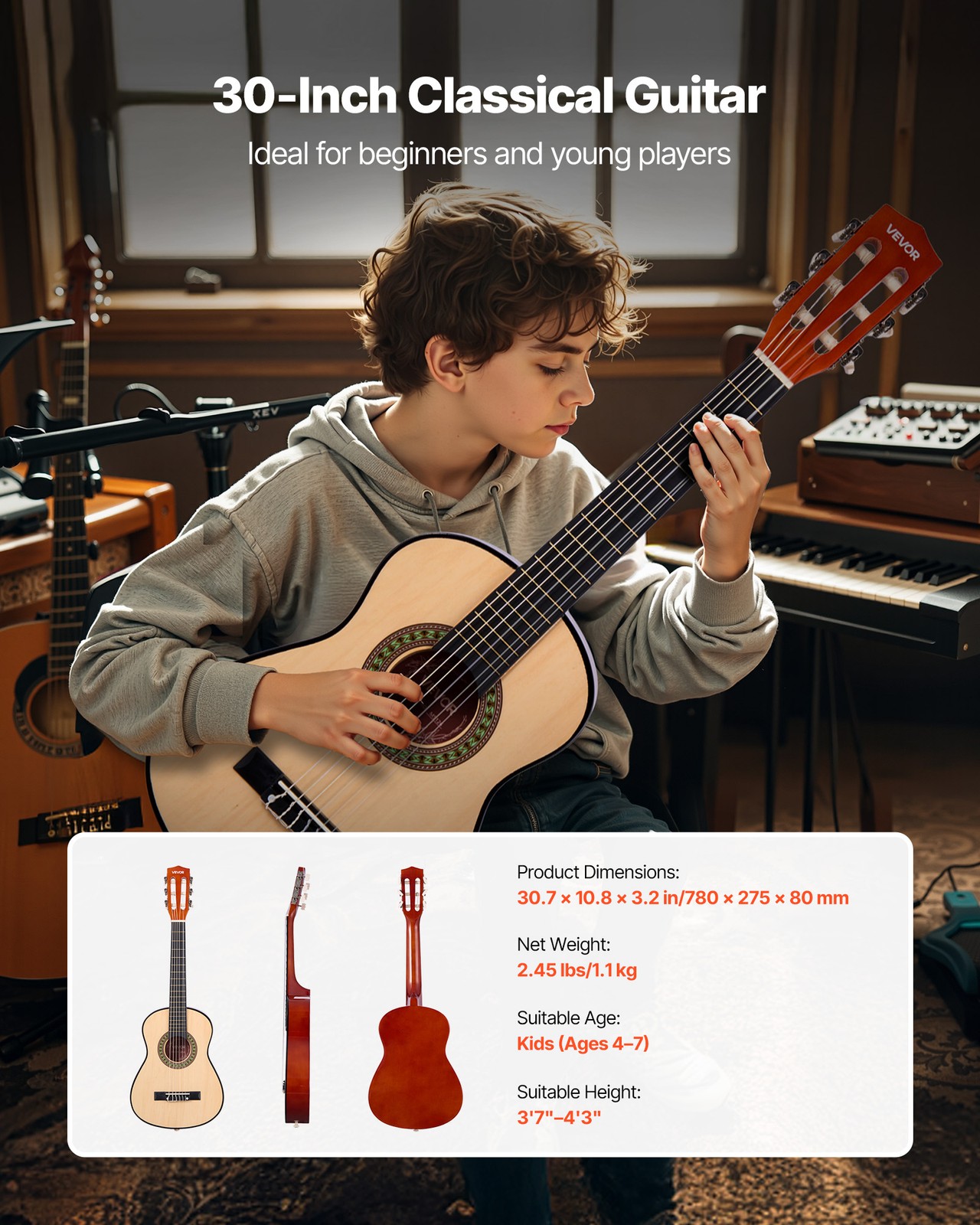 VEVOR Classical Guitar 30 in Guitar Beginner Starter Kit Nylon Strings Natural