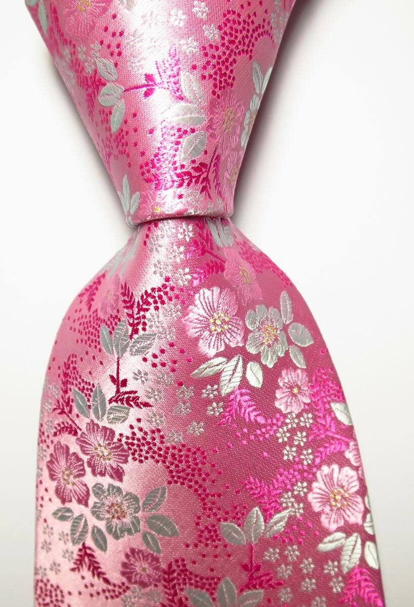 New Classic Floral Pink White JACQUARD WOVEN 100% Silk Men's Tie Necktie
