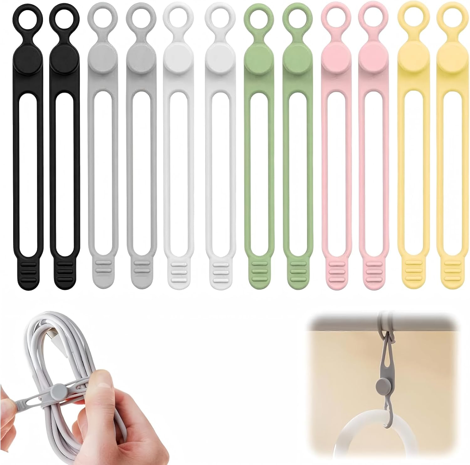 12PC Data Cable Organizer, 2026 New Silicone Cable Ties Reusable Cable Managemen