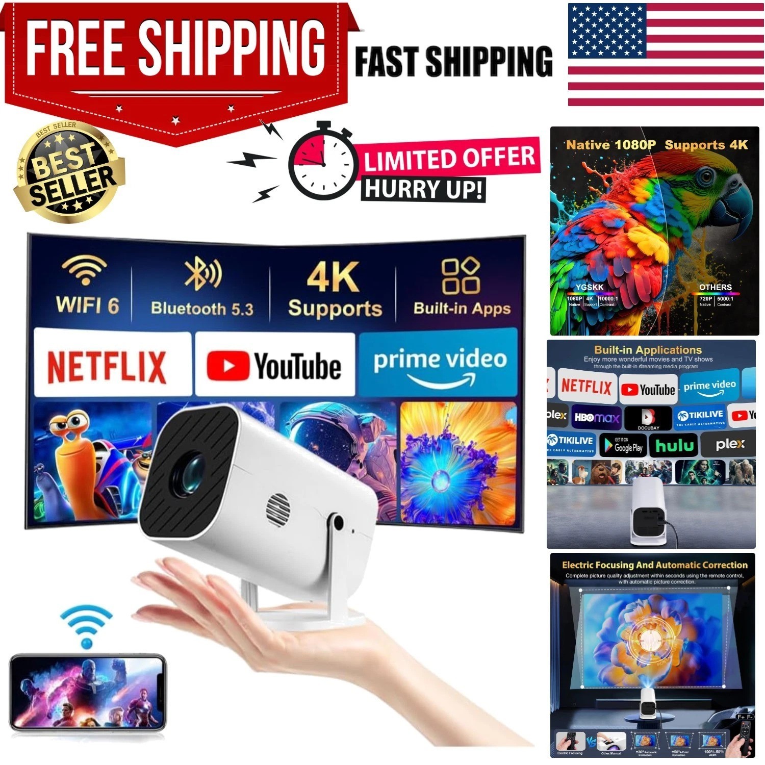 Built-in APPS & Electric Focusing & 210° Rotation】Mini Projector With Wifi An...