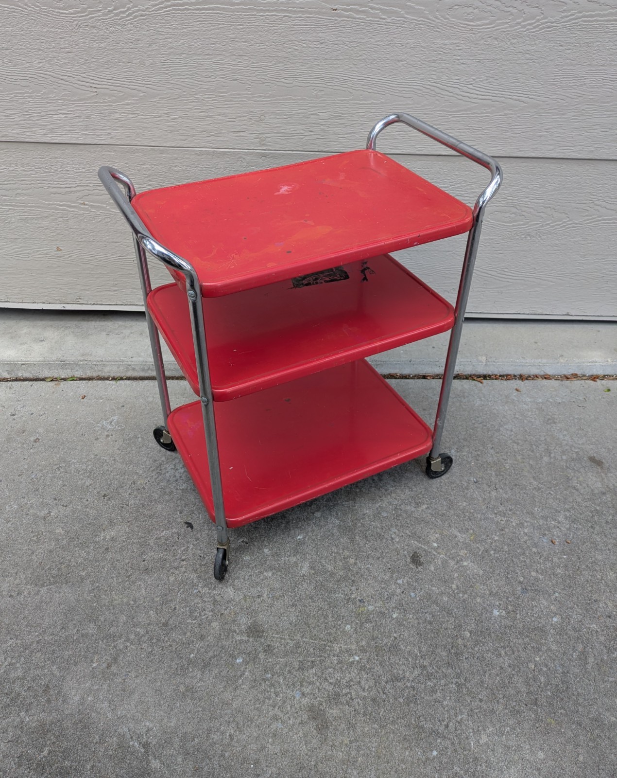 Vintage COSCO MCM 3-Tier Red Metal Utility Kitchen Serving Bar Cart Rolling F93