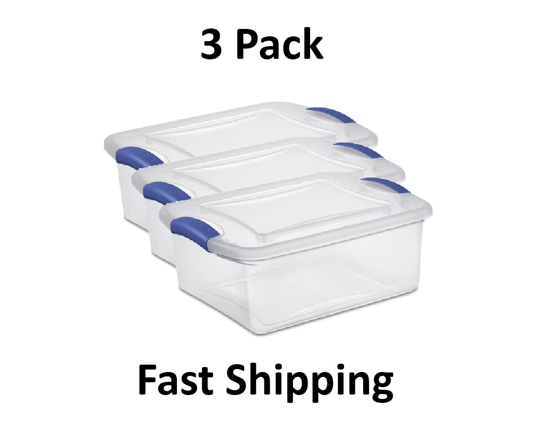 (3 pack) Sterilite, 15 Quart Clear Storage Bin, Latch Box Storage Container,Blue