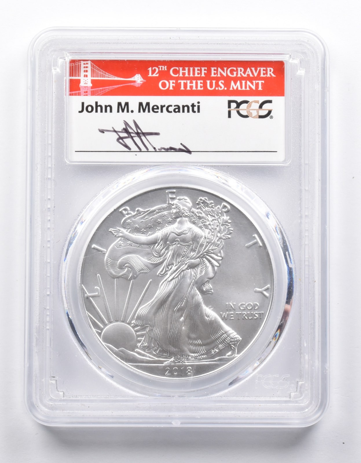 SP70 2018-W American Burnished Silver Eagle FS Signed Mercanti PCGS *0996