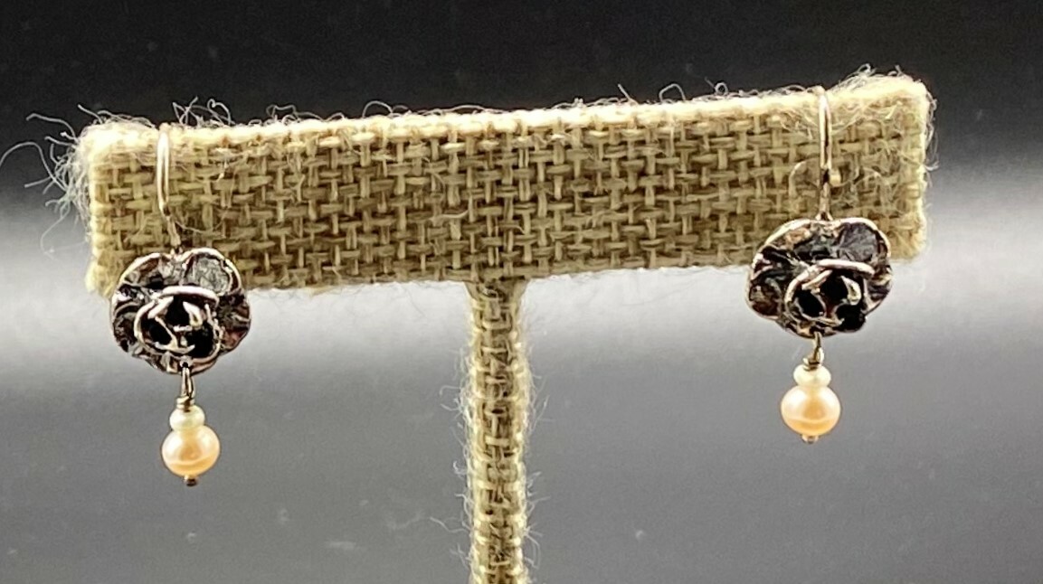 NOY LI-Sterling Silver Flower Double Pearl Dangle Earrings-ARTIST SIGNED  #2