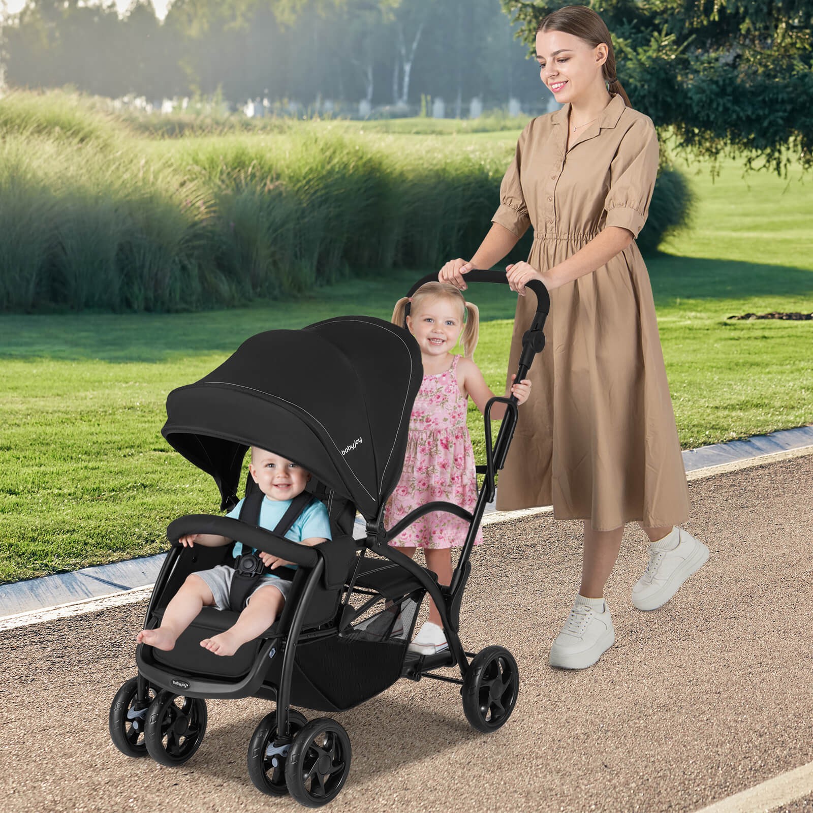 Sit & Stand Double Stroller w/Adjustable Handle Bar Backrests Footrest Canopies