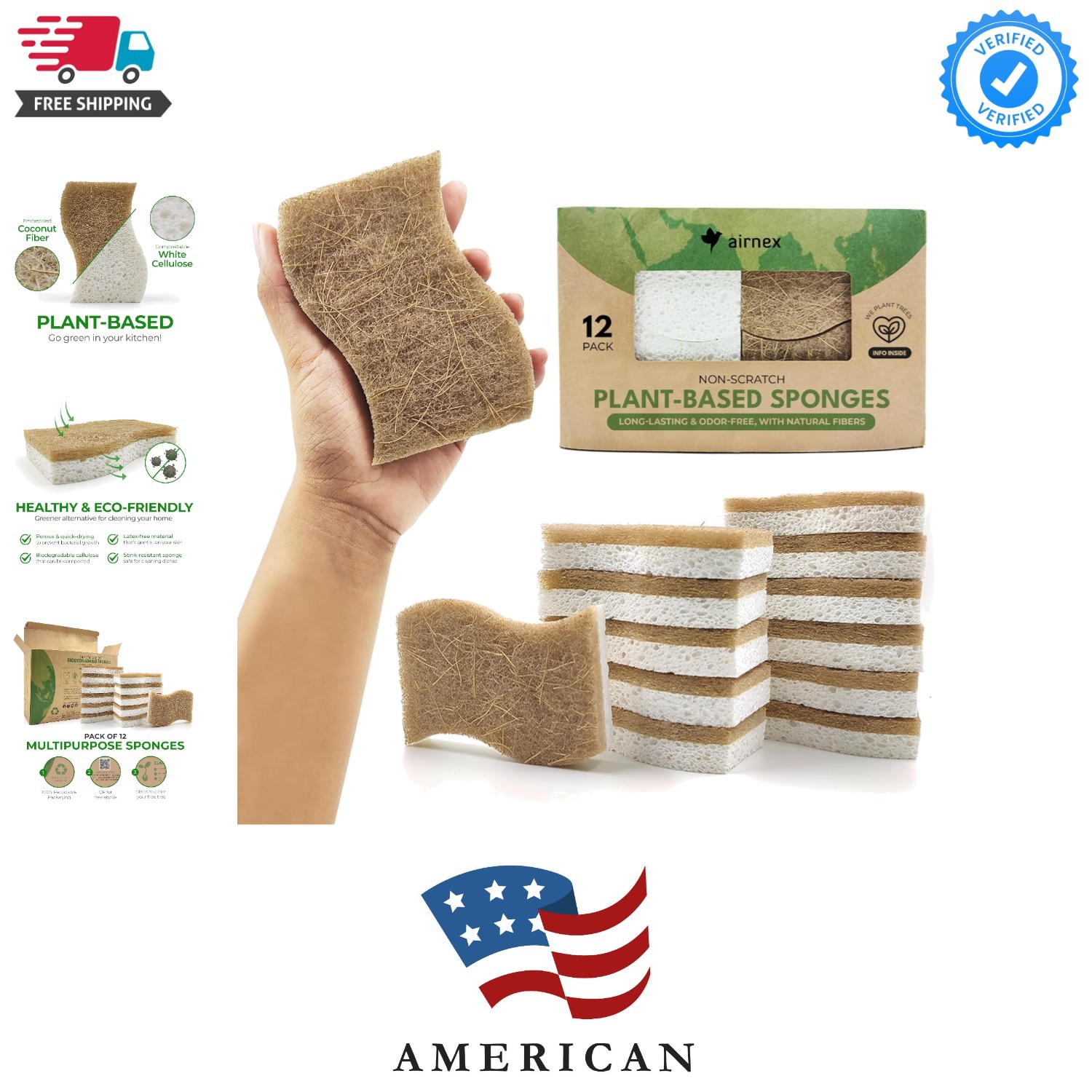 Biodegradable Natural Kitchen Sponge - Compostable Cellulose and Coconut Waln...