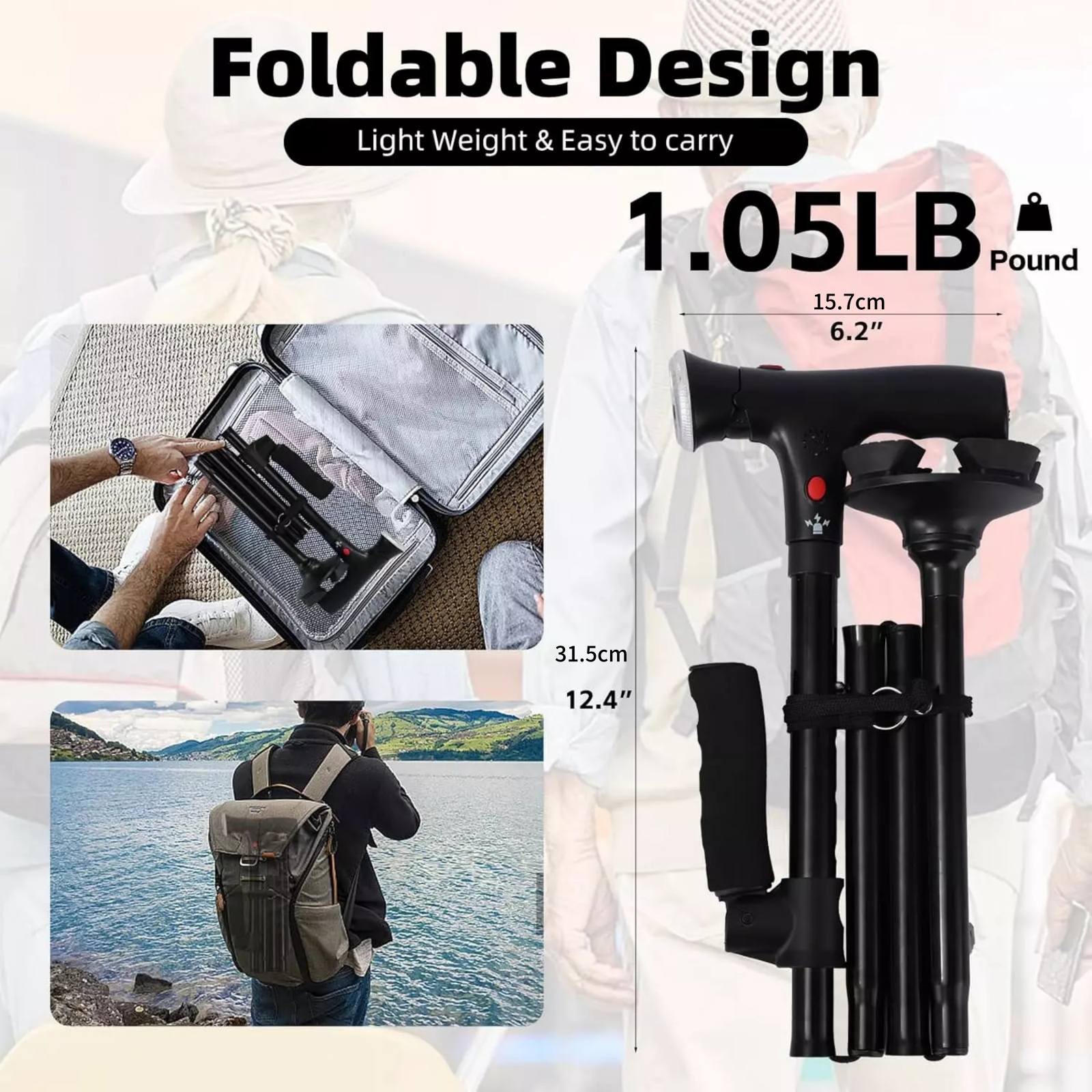 1PC Foldable Walking Cane W/LED Light&Alarm Adjustable Height Non-Slip Base