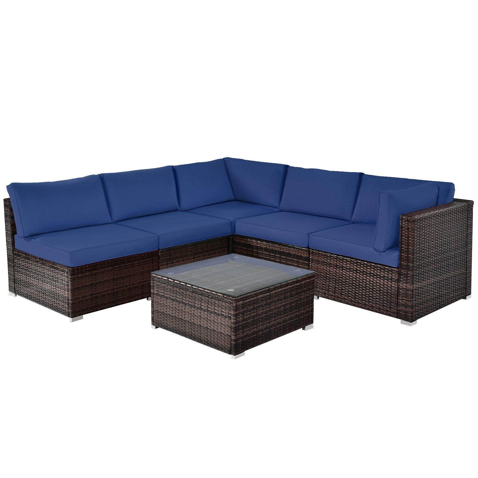 Patiojoy 6PCS Outdoor Rattan Furniture Set Cushioned Sofa W/ Coffee Table Navy