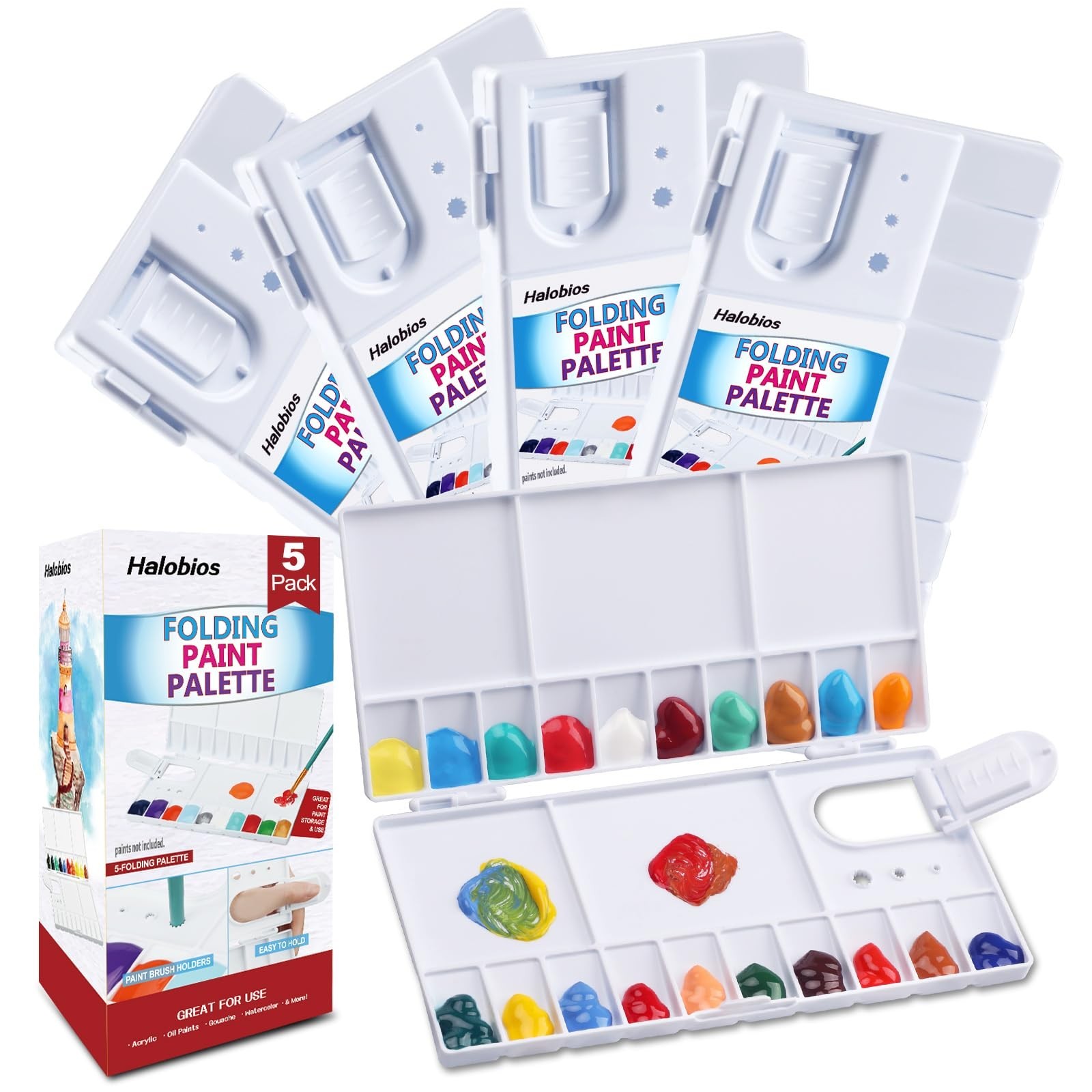 5 Pack Watercolor Palette, Halobios Paint Palette with 20-Well and 5 Mixing A...