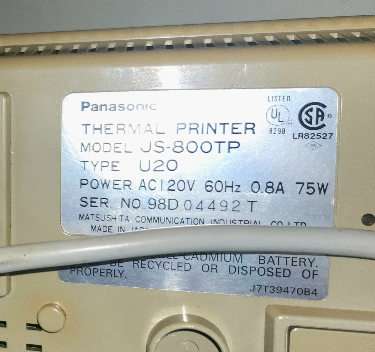 Panasonic JS800TP Type U20 Thermal Receipt Kitchen Printer JS750WS, 550 JS510WS