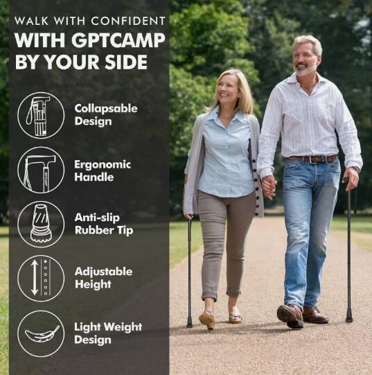 GPTCAMP G2 Walking Cane for Women Men Sleek Foldable Collapsible Lightweight R