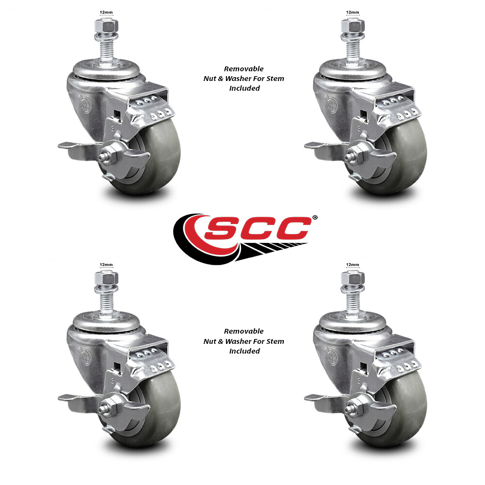 3.5 Inch Gray Polyurethane Swivel 12mm Threaded Stem Caster Set with Brake