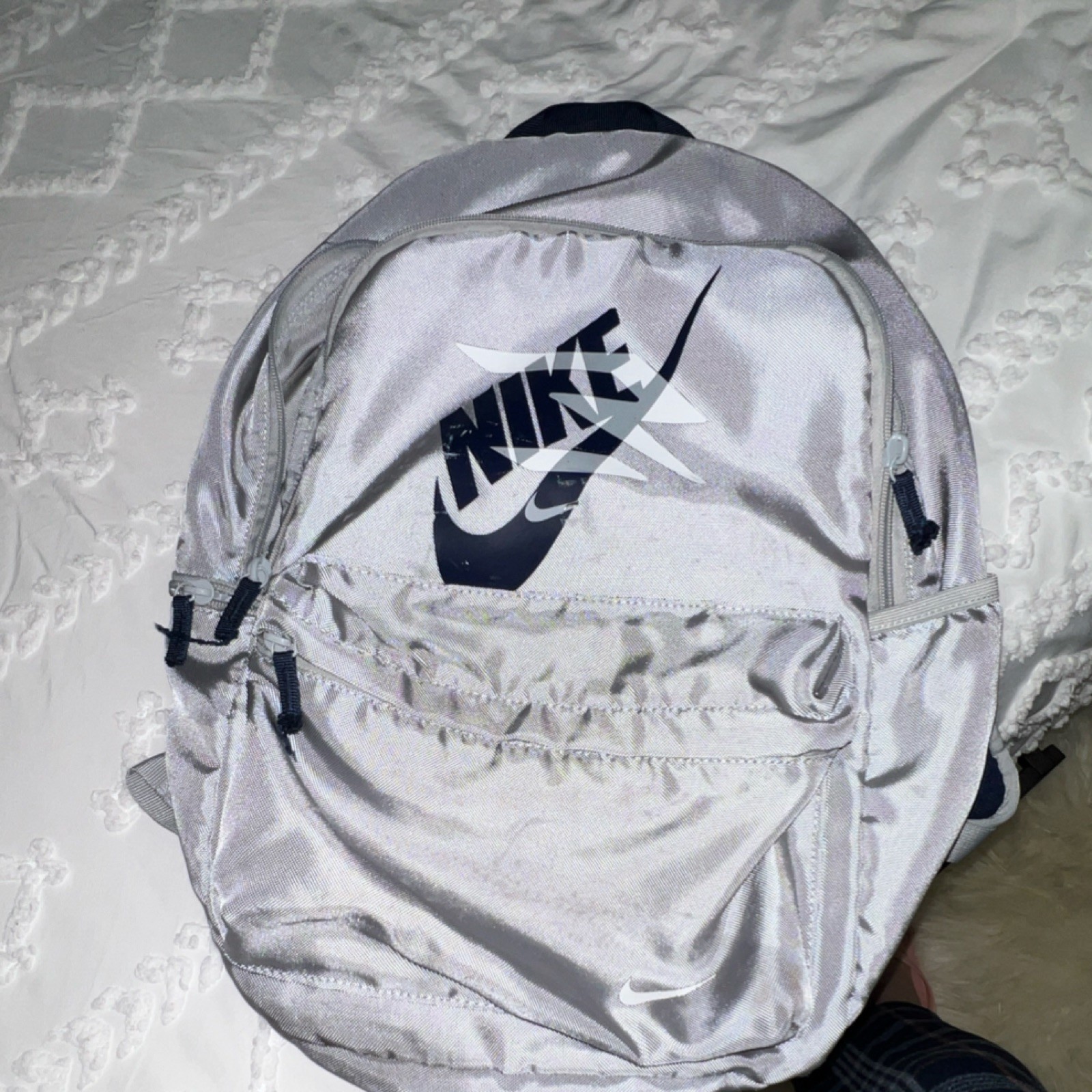 Nike Silver Navy Hiking Backpack Adjustable Straps Logo Synthetic Zipper