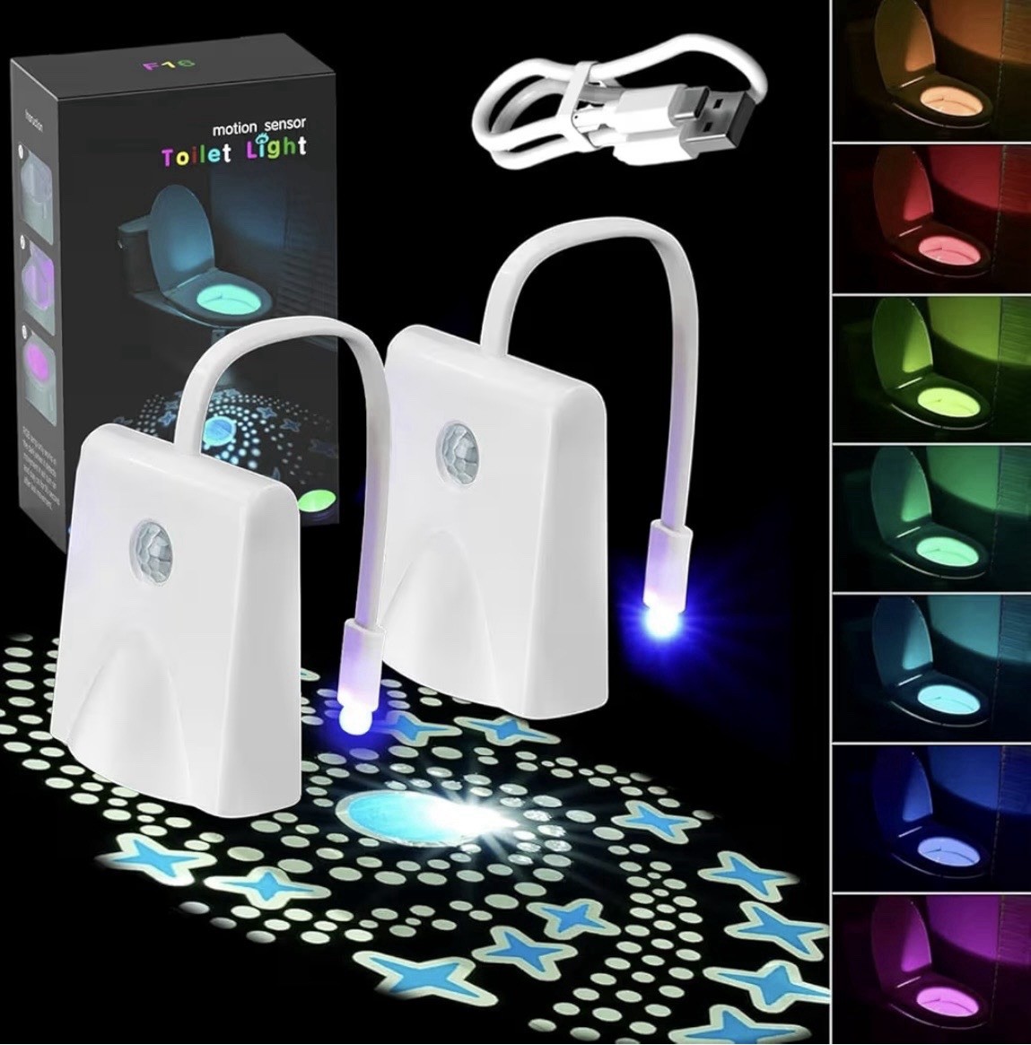 2 pack Toilet Light Motion Sensor, 16 Colors LED with Star Projection Light
