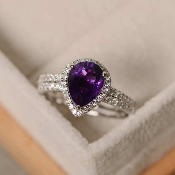2.35 Ct Pear Cut Natural Amethyst Diamond Engagement Ring 14K Solid White Gold