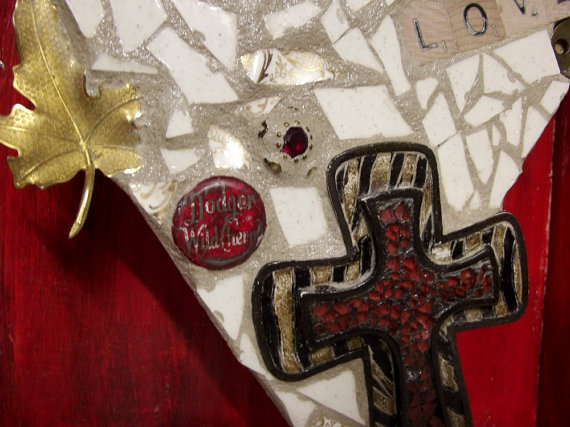 Red and Tan Heart assemblage with cross - mosaic sculpture
