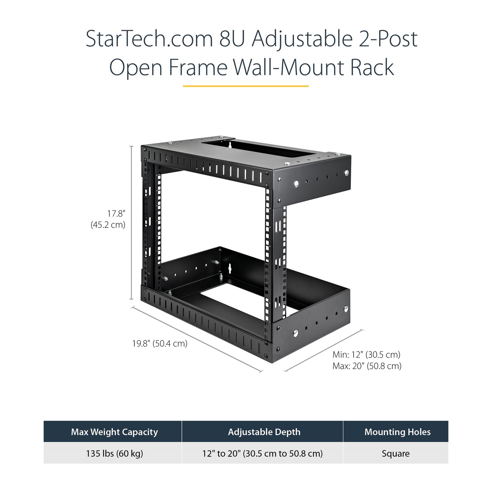 StarTech 8U Open Frame Wall Mount Equipment Rack - Adjustable Depth