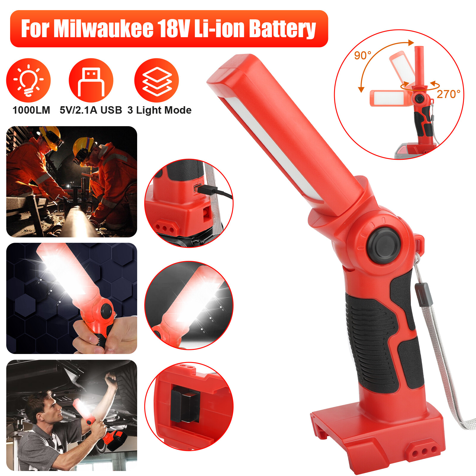 12W Flashlight LED Cordless Handheld Work Light For Milwaukee 18V Li-ion Battery