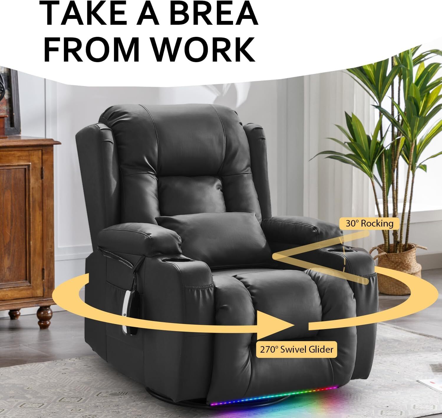Power Swivel Recliner Chair Rocker Recliner Sofa with LED Light Massage and Heat