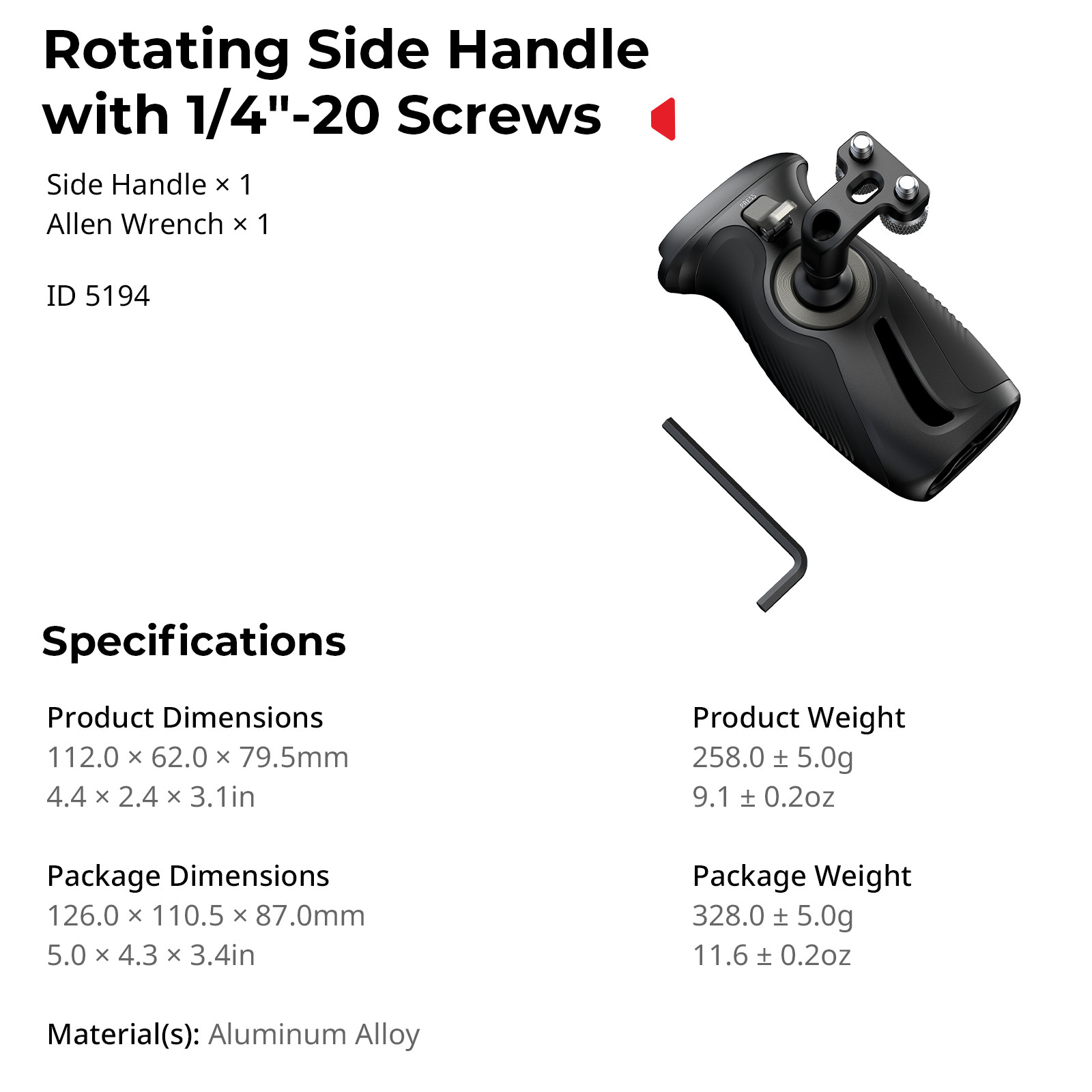 SmallRig Push-Button Rotating Side Handle with 1/4"-20 Screws 5194