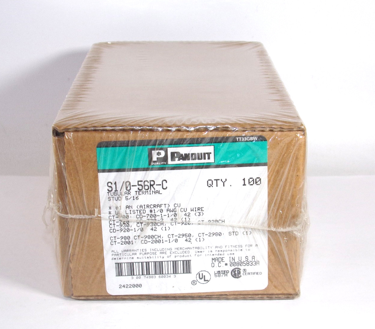 Panduit S1/0-56R-C Tubular Ring Terminal, Non Insulated, 5/16" Stud (Qty 100)