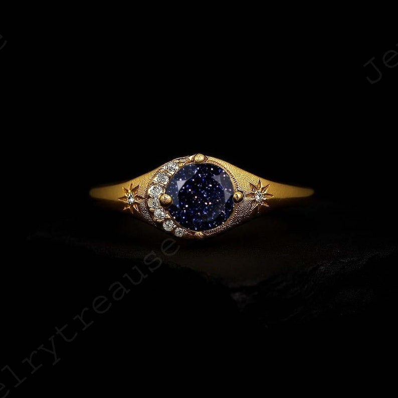 Blue Sandstone Moon Star Ring | Gold Plated Celestial Jewelry Gift for Her