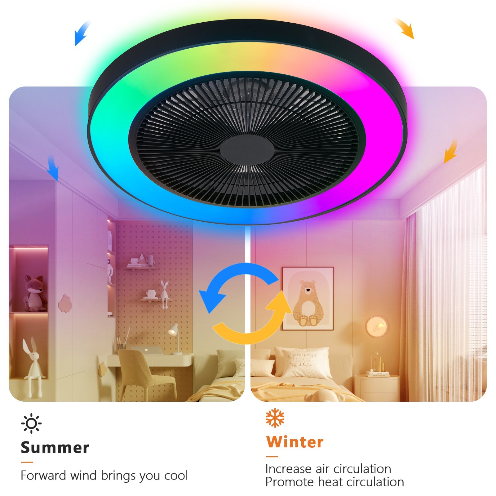 19" RGB LED Smart Ceiling Fan Light – Dimmable, APP/Remote, Silent Reversible DC