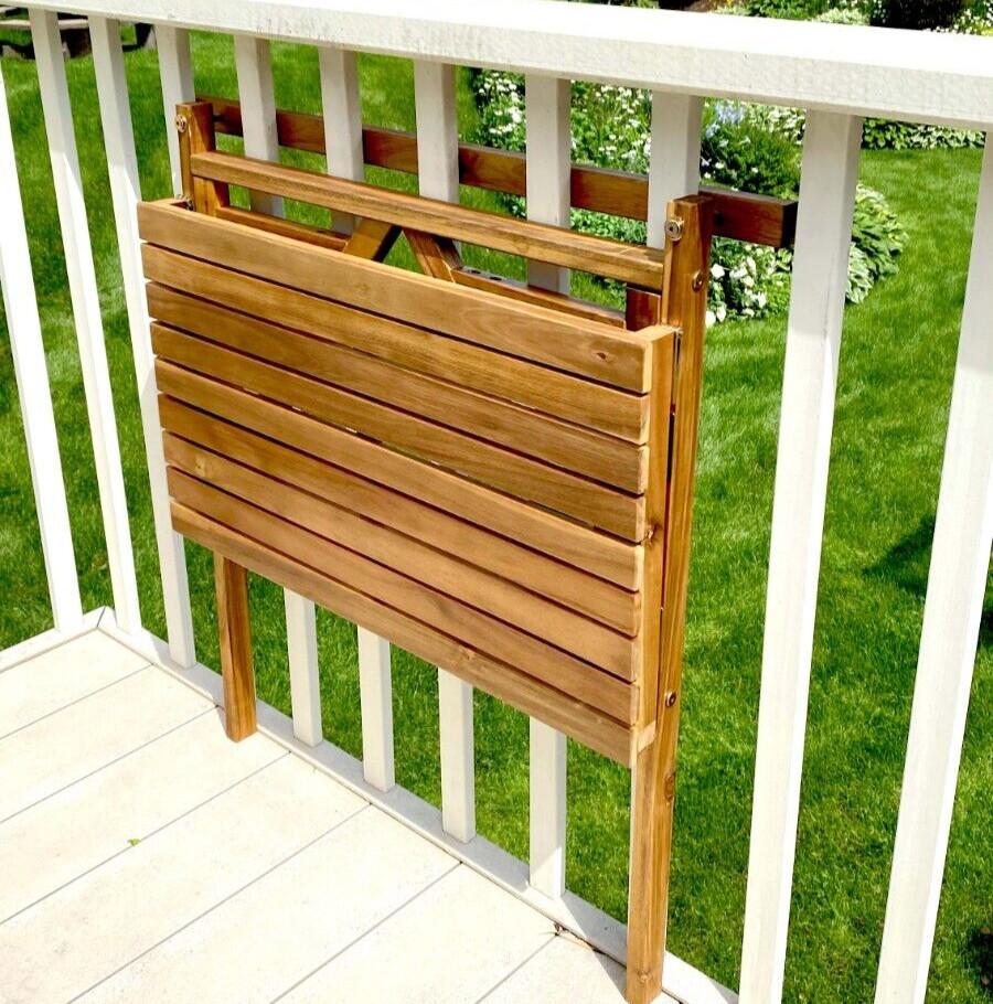 Patio Wise Outdoor Folding Acacia Wood Balcony Railing Table, Foldable Deck Bar
