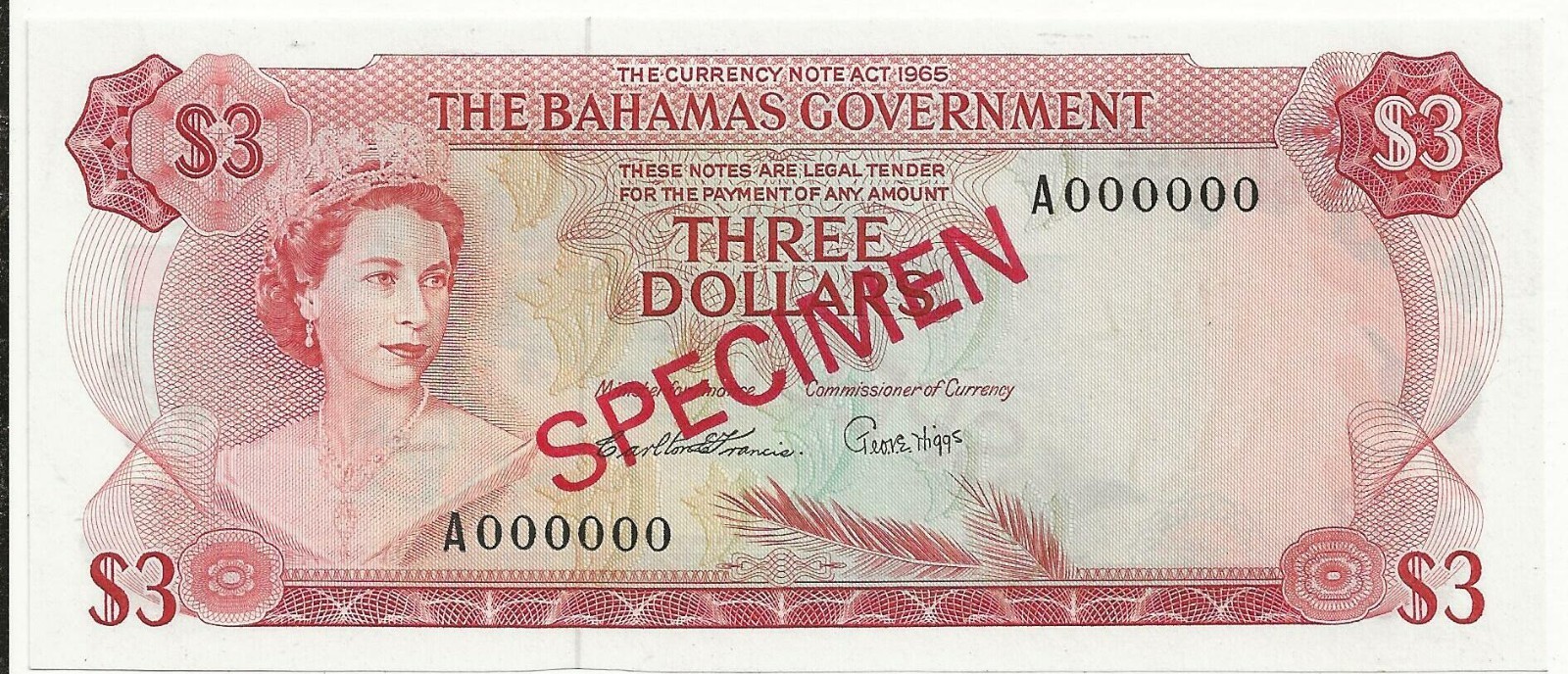 P19c 1965 SPECIMEN Bahamas 3 dollar note UNC (world lot) CV=$470 USD