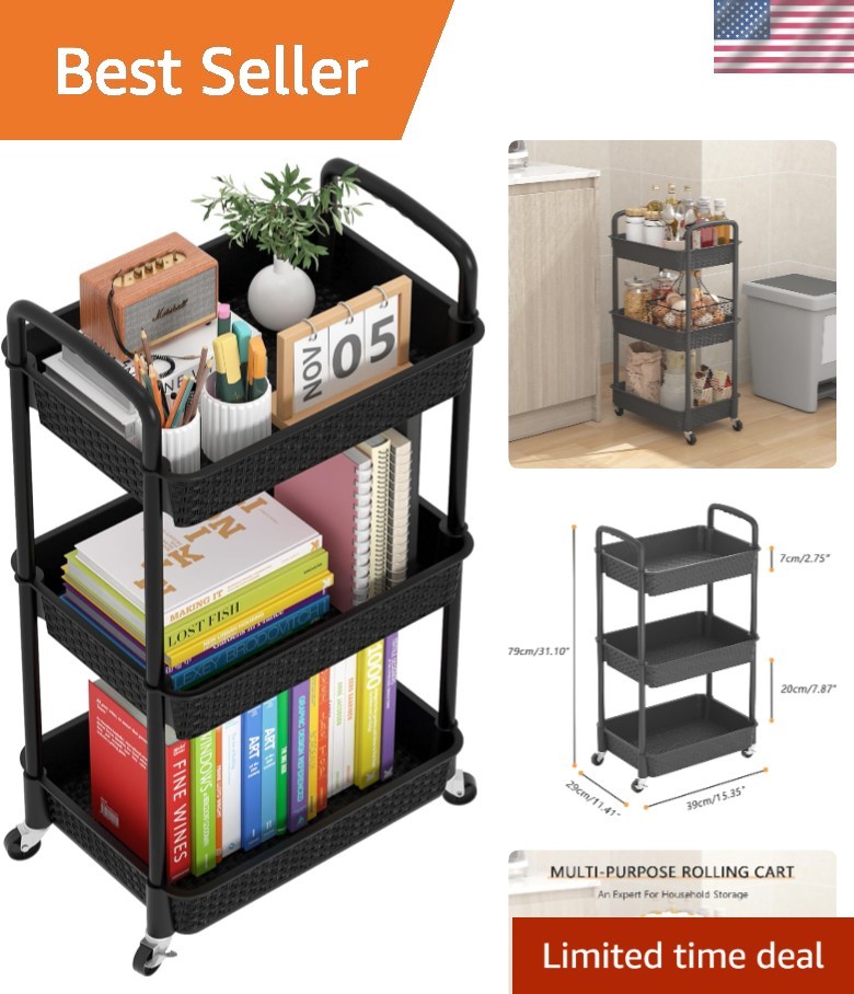 Compact 3-Tier Plastic Rolling Cart - Rattan-Inspired Design for Indoor Storage