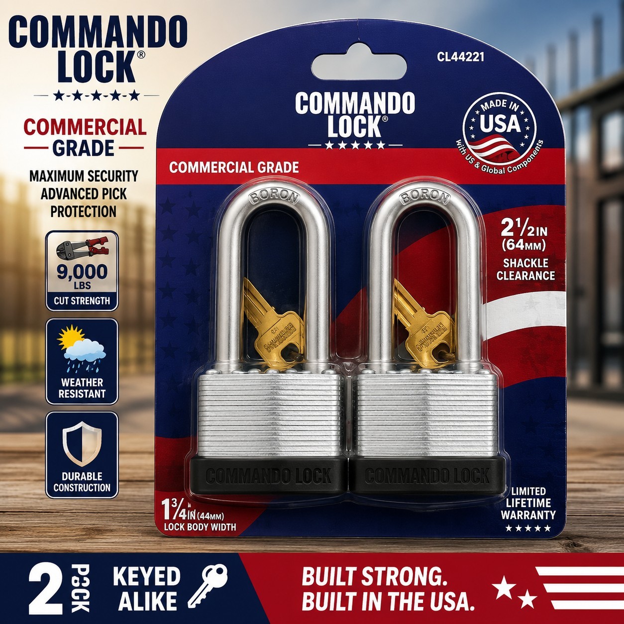 Commando Lock CL44221 2-Pack Keyed Alike Padlocks 2-1/2" Shackle New USA
