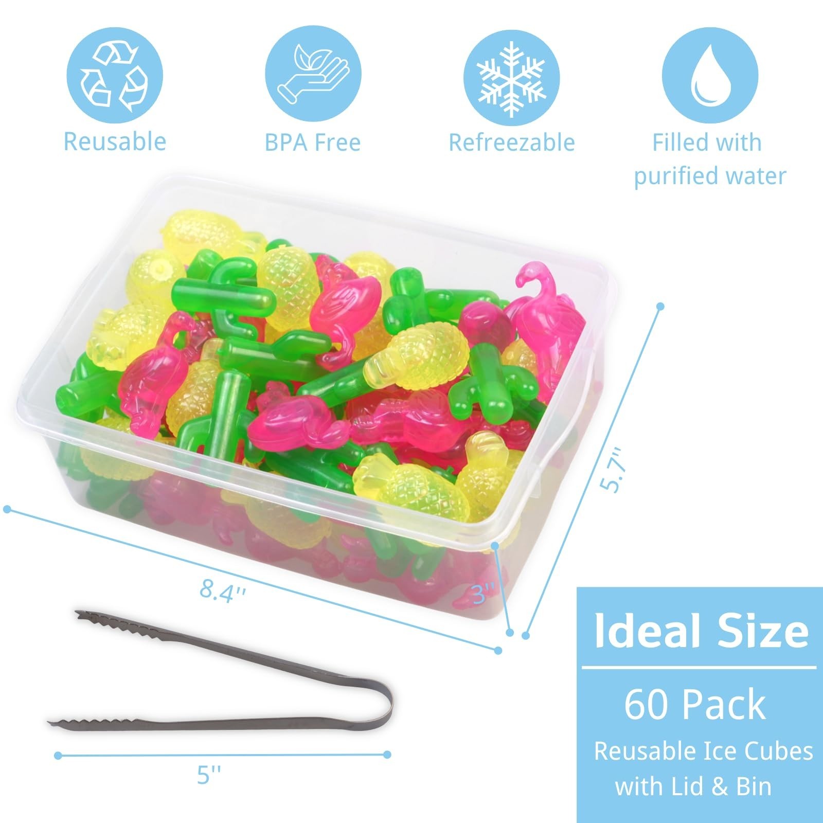 Reusable Ice Cubes with Lid and Bin, 60 Pack Plastic Cubes for Drinks, BPA Fr...