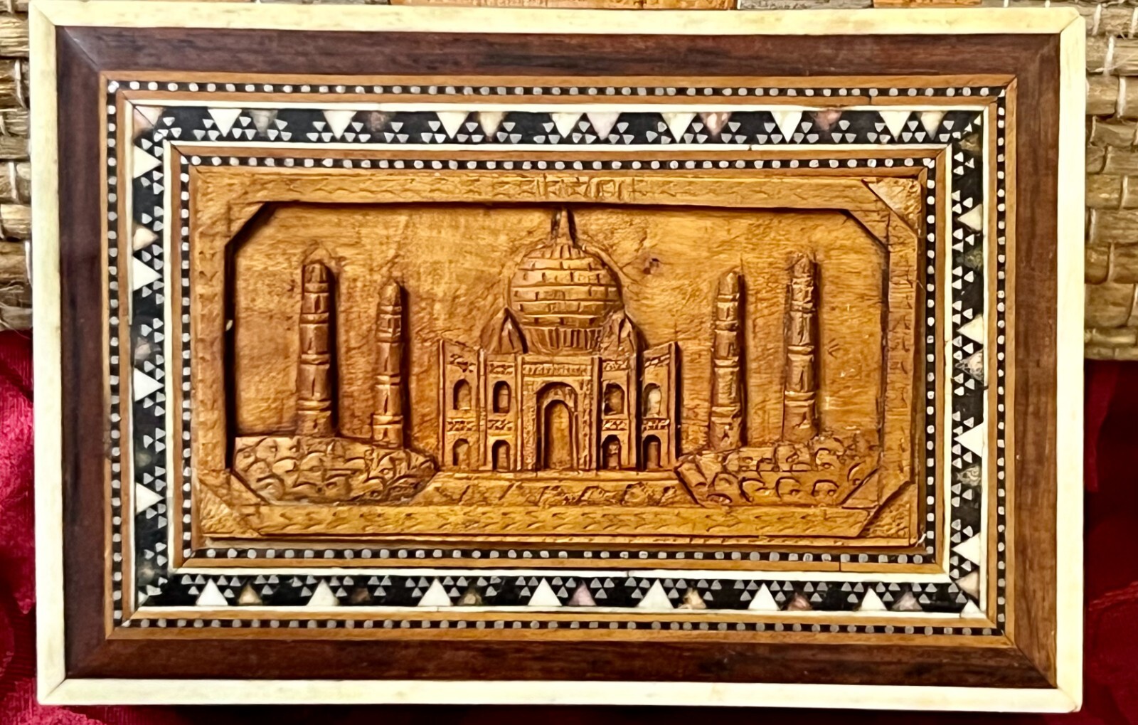 Antique Rare Wooden Beautiful Hand Carved Taj Mahal On Lid Jewelry/Trinket Box