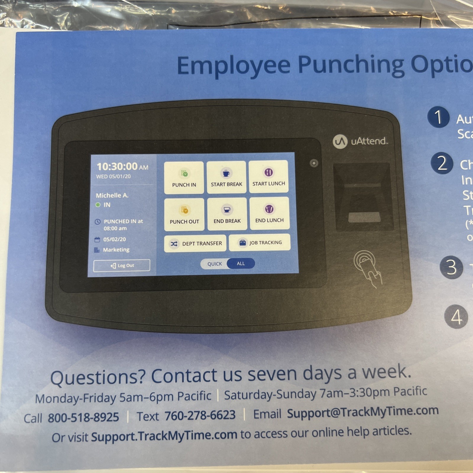 uAttend JR2000 Cloud Connected Biometric Touch Tablet Fingerprint PIN Time Clock