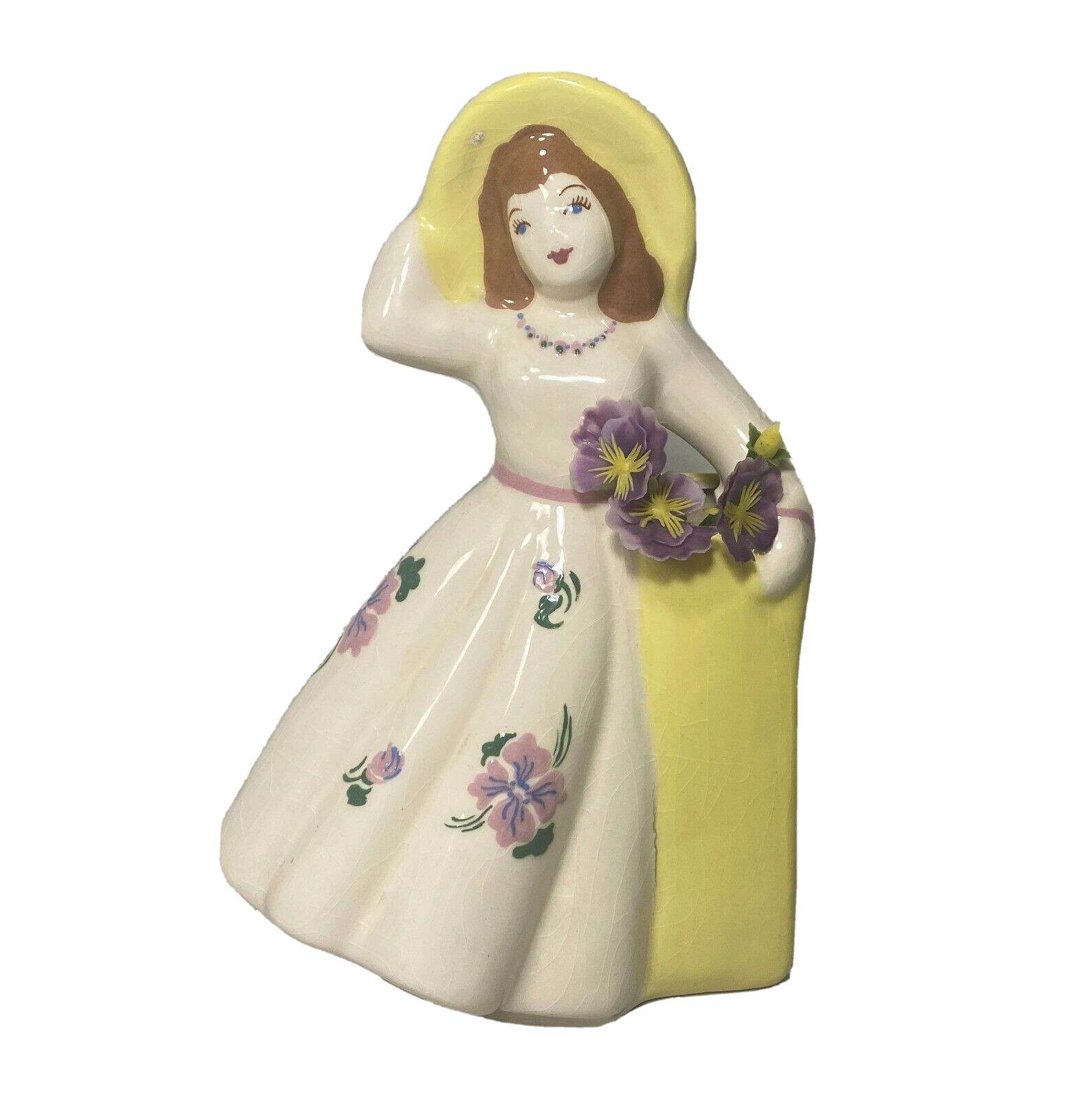 Vintage California Figurine Lady Planter Vase Pink Floral Dress Yellow Bonnet 40