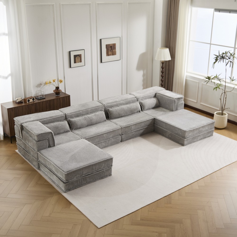 Convertible Floor Sofa Bed w/ 2 Ottomans - Light Grey Fleece - 4 Seat