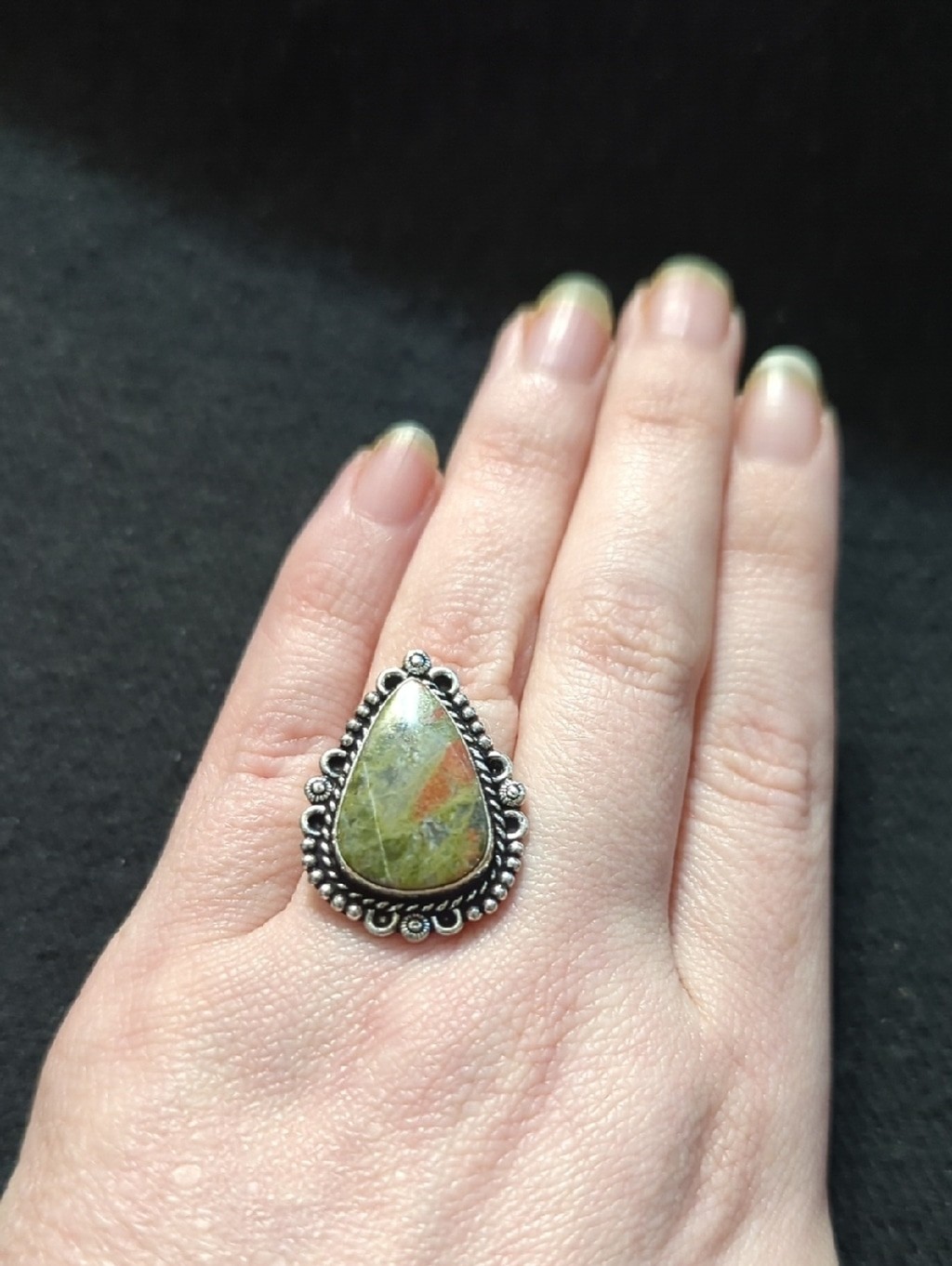 Silver Plated Green Jasper Gemstone Teardrop Statement Ring - Size 8