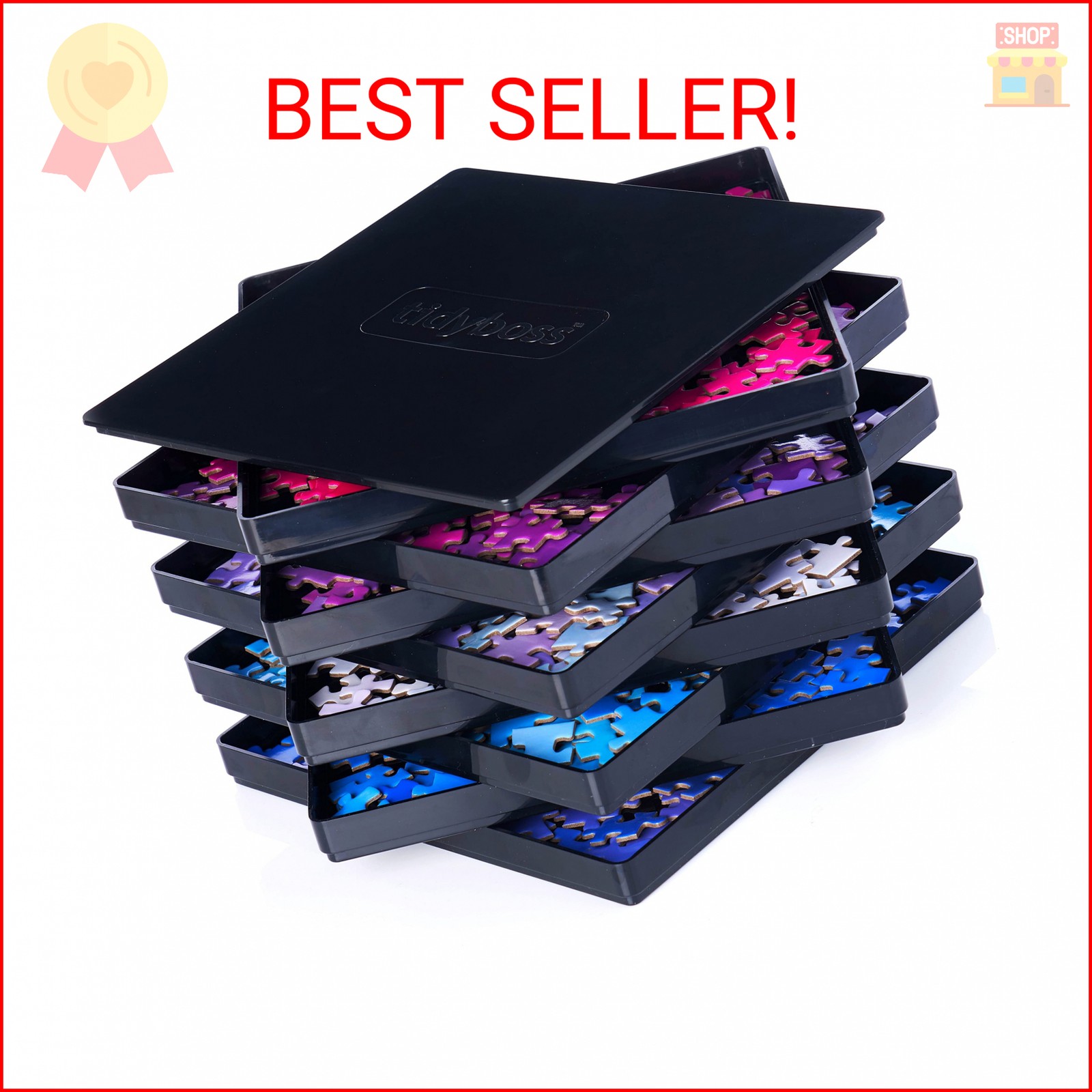 8 Puzzle Sorting Trays with Lid 8" x 8" - Jigsaw Puzzle Accessories Black Backgr