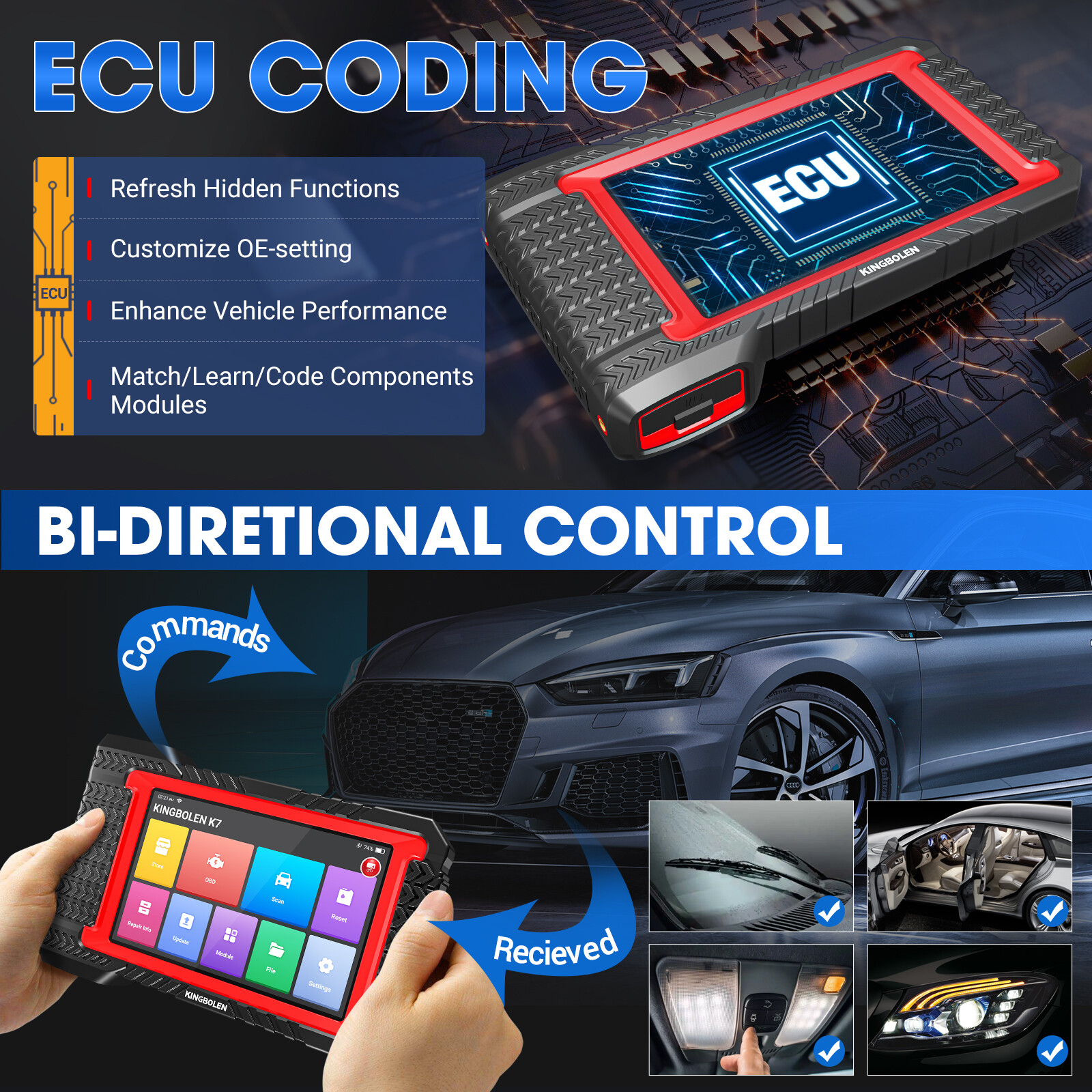 KINGBOLEN K7 PRO Car OBD2 Scanner Full System Diagnostic Tool ECU Key Coding