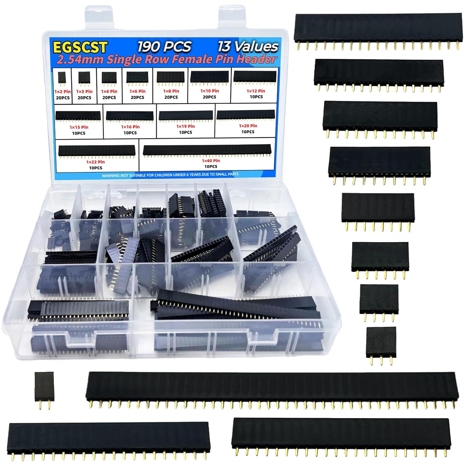 190PCS 2/3/4/6/8/10/12/15/16/19/20/22/40Pin 2.54Mm Single Row Straight Female Pi