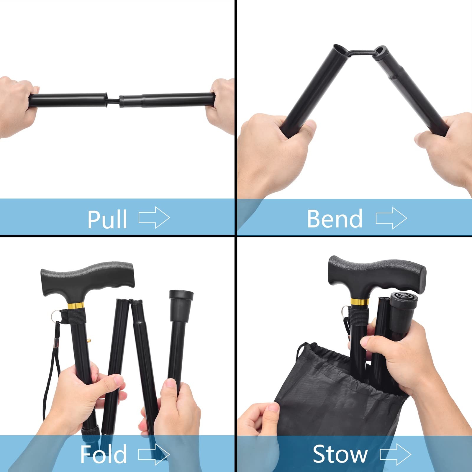 Folding Walking Cane - Lightweight, Adjustable, Anti-Slip, 37", black1
