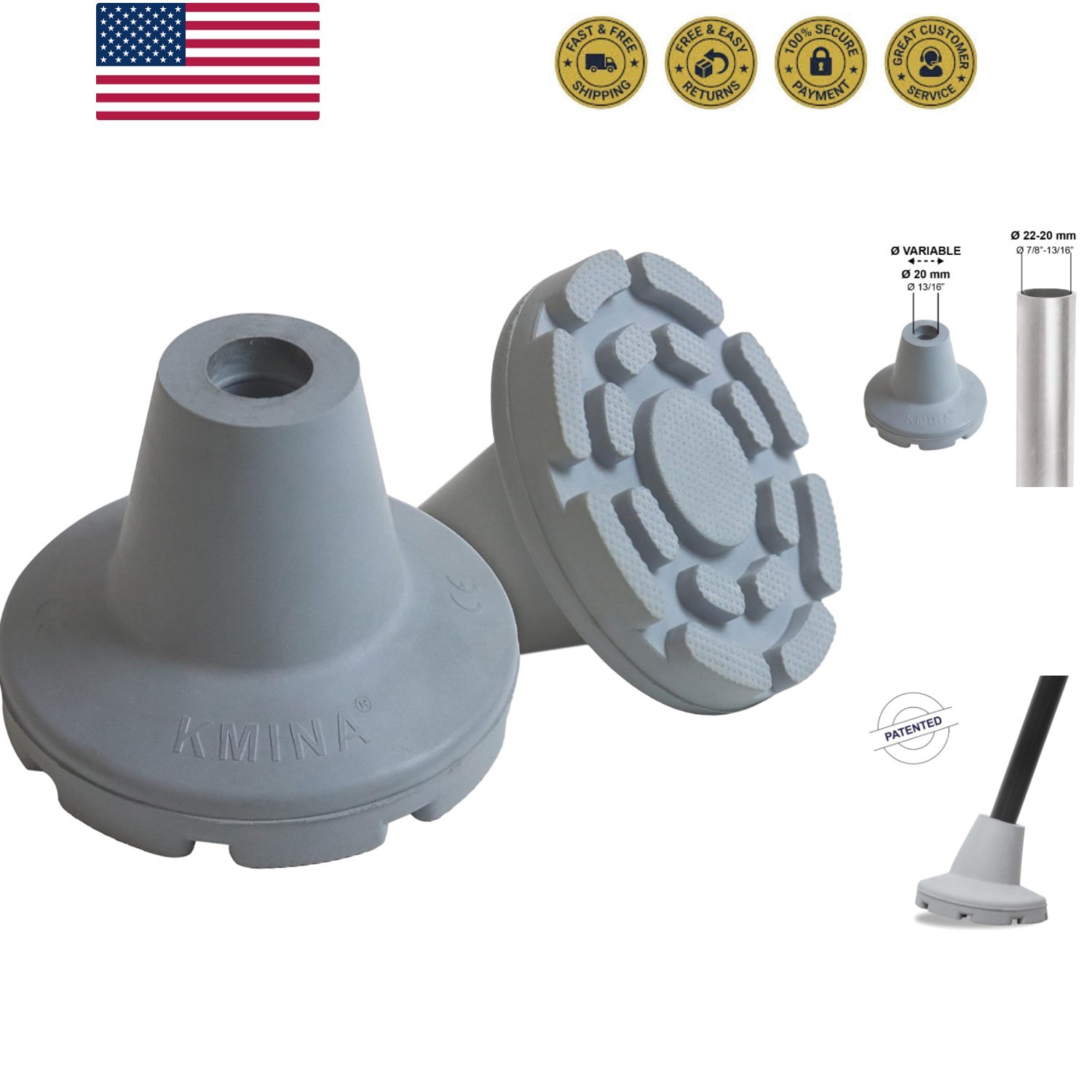 Crutch Tips 7/8 Inch x2 Units, All Terrain Non-Slip Cane Tips, Heavy Duty Rub...