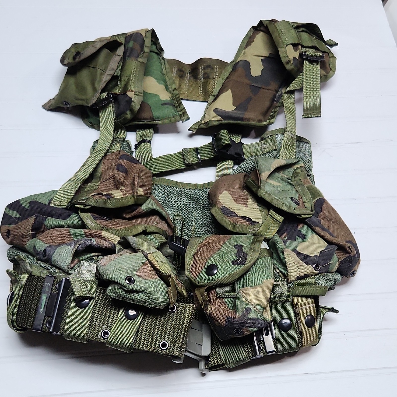 Woodland Camo Tactical Chest Vest Rig Nylon/Mesh Adjustable Hunting W/ Belt & Pc