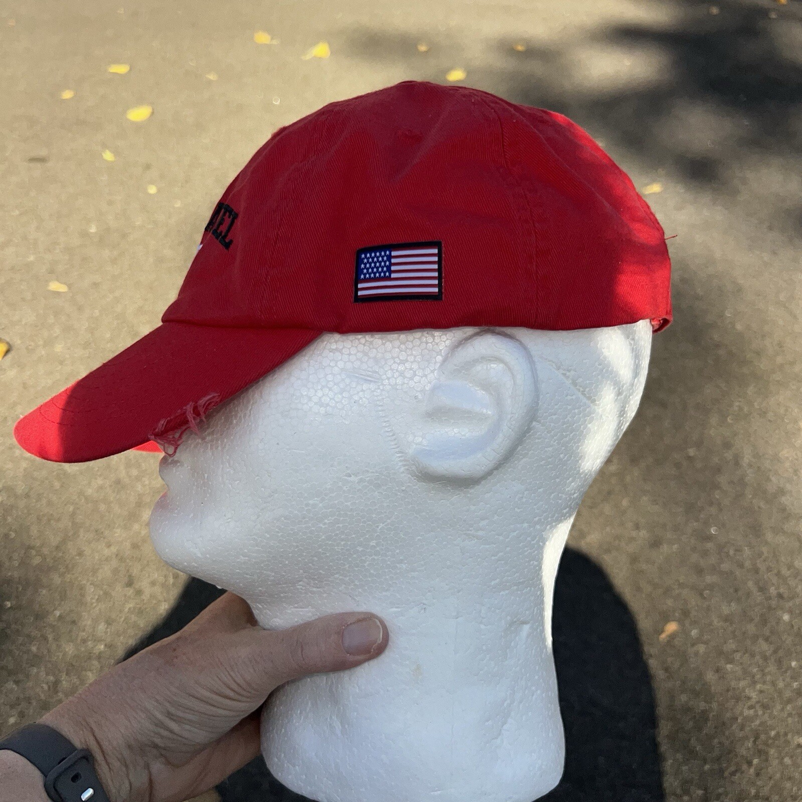 United Parcel Black & White Letters on Red Hat Cap American Flag Hook Loop EUC