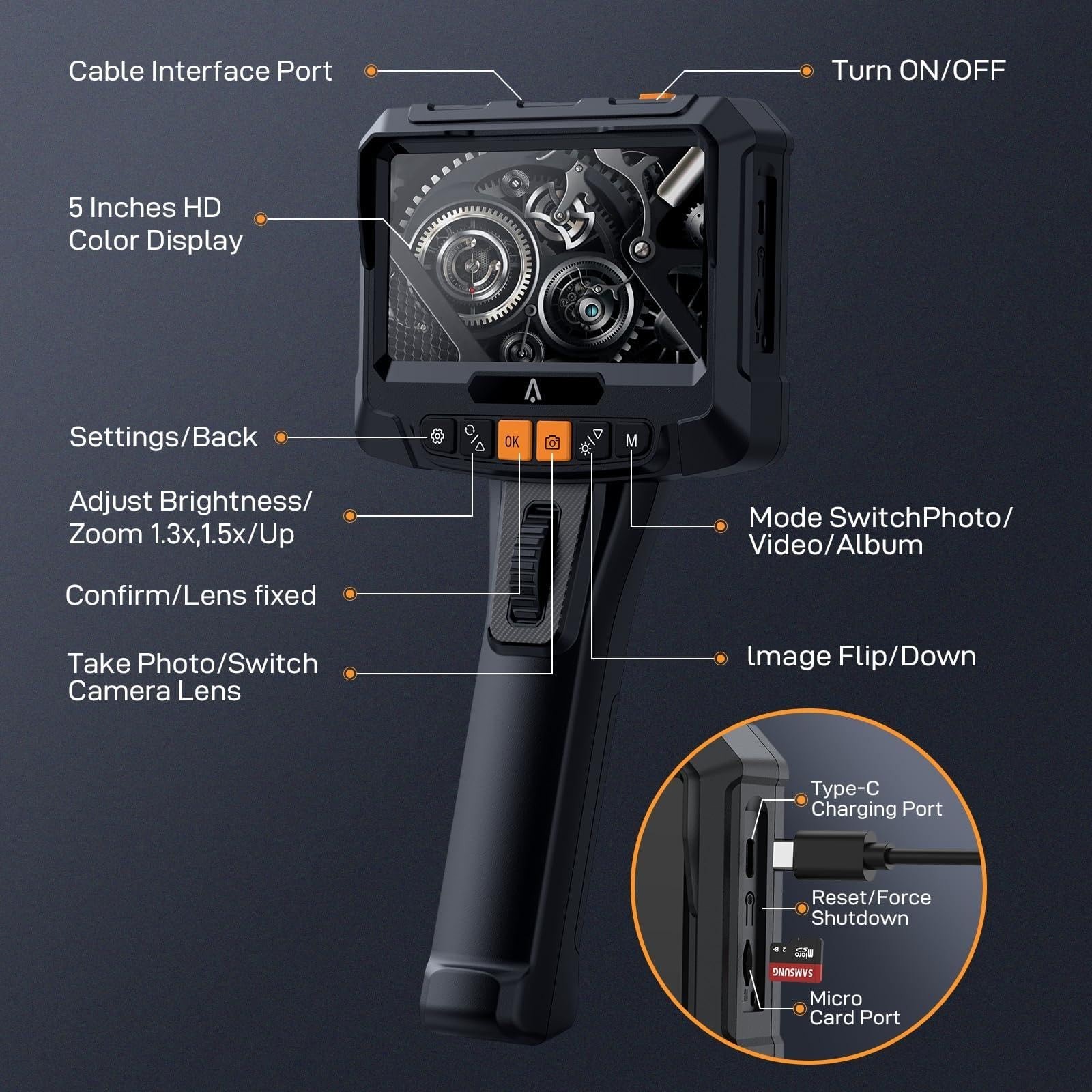Borescope Endoscope Inspection Camera,Steerable Single-Lens 2m Cable,8.5mm Probe
