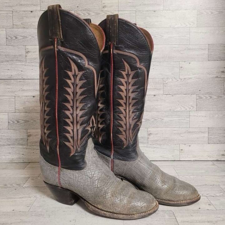 Vintage 70's Tony Lama Hippo Gray Black Buckaroo Tall Cowboy Boots Men's 7 D