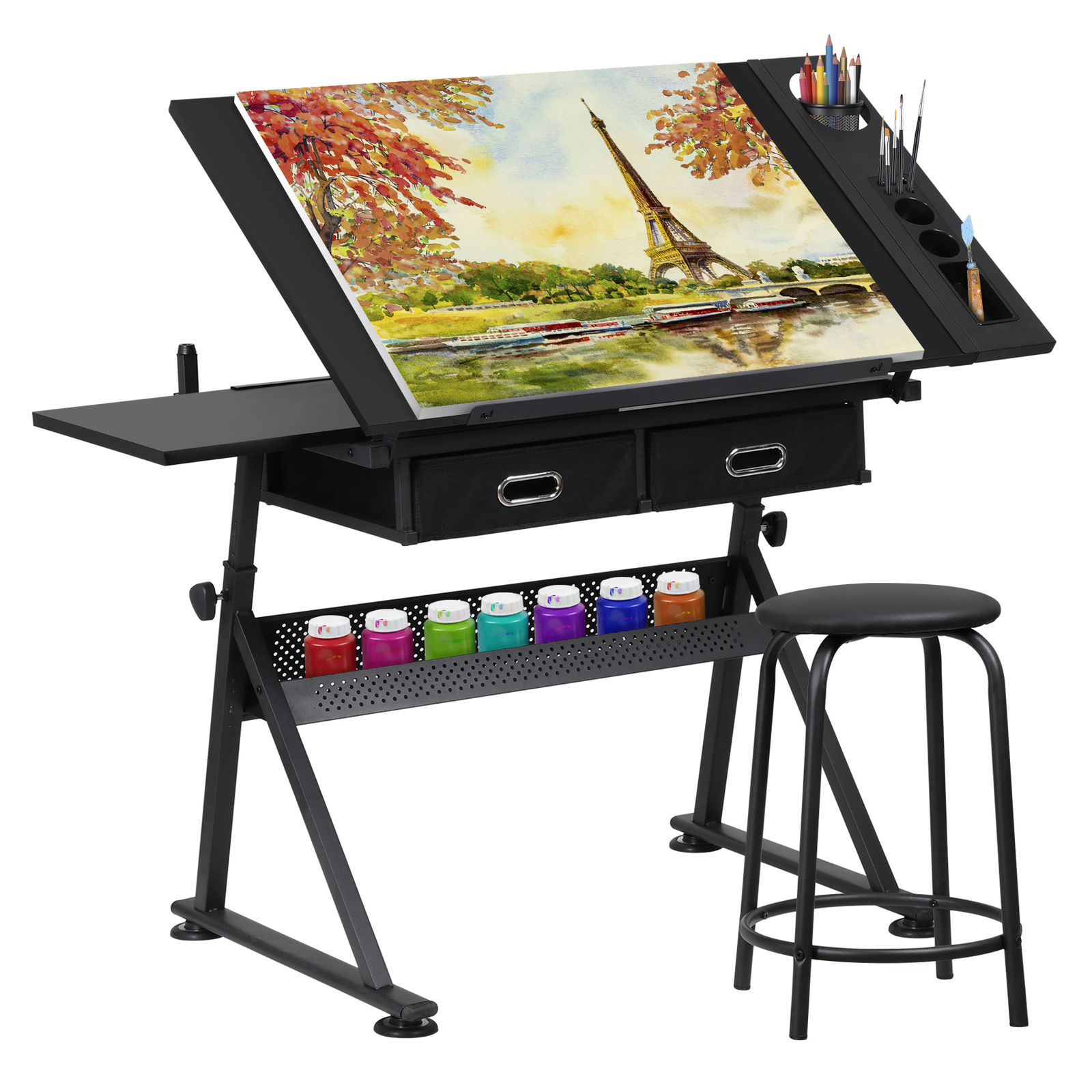 Drafting Table Artist Painting Table with Stool Craft and Drawing Station Black
