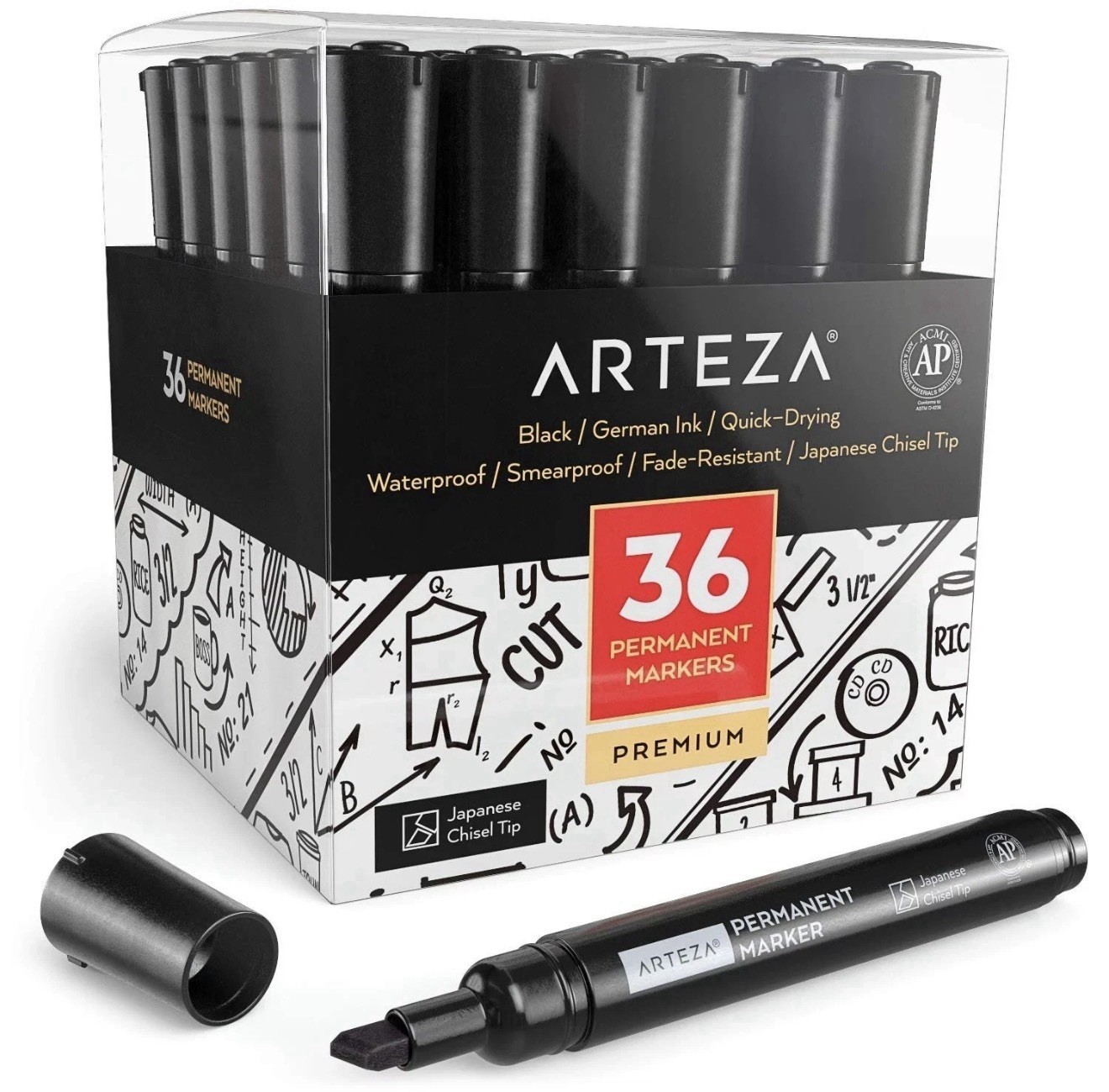 ARTEZA Permanent Markers, Set of 36, Black, Chisel Tip, Waterproof