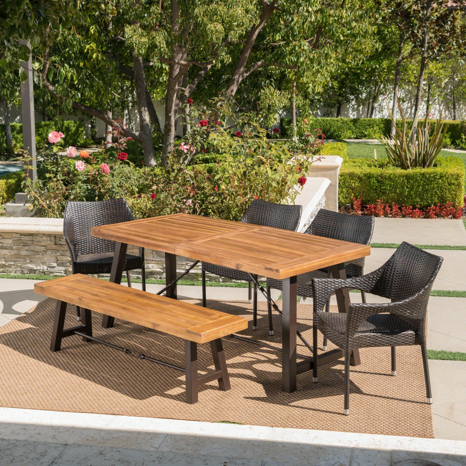 Montenegro Outdoor 6 Piece Teak Finished Acacia Wood Dining Set with Stacking Ch
