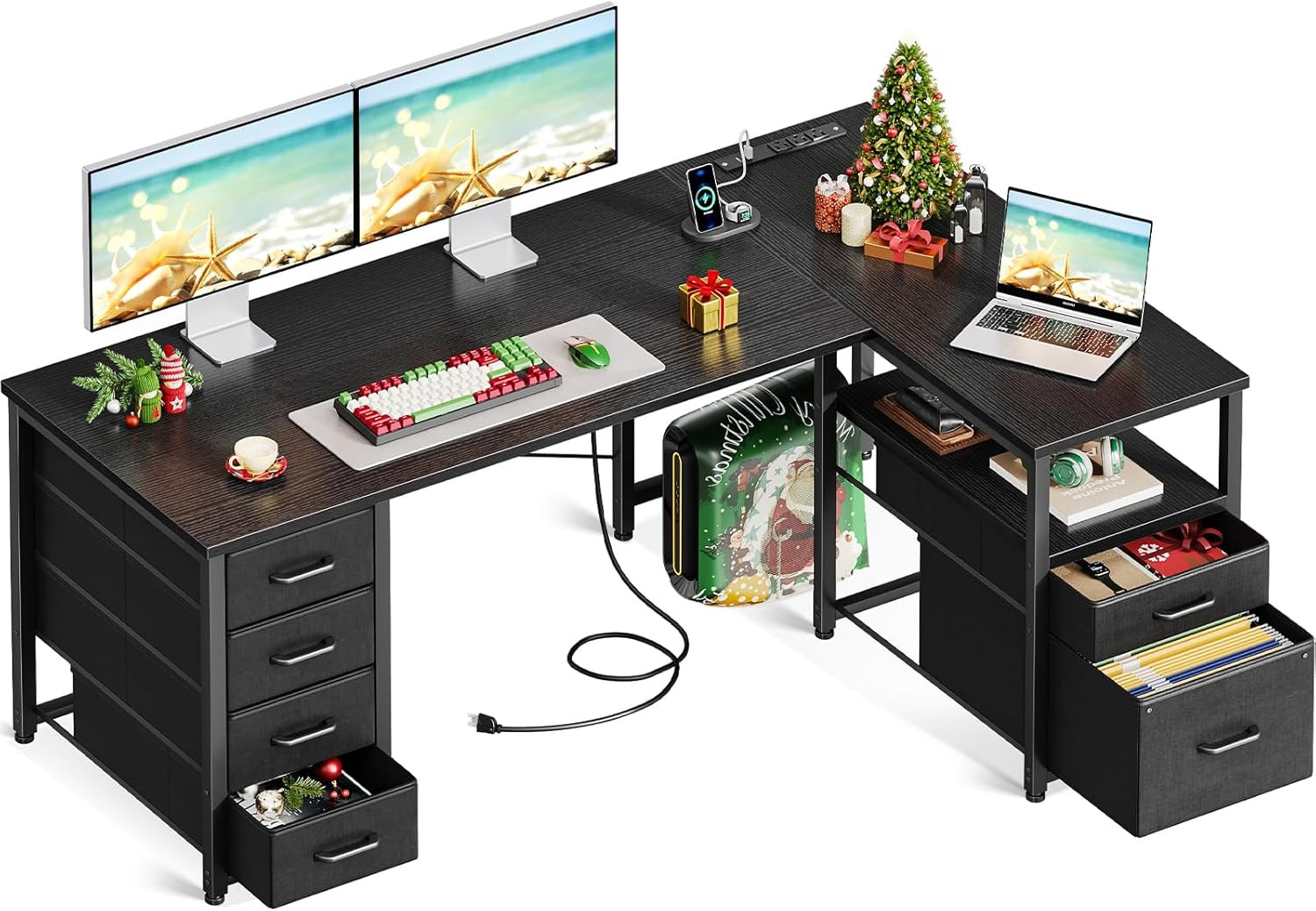 L Shaped Computer Desk with 6 Drawers & Power Outlet, 55 Inch Corner Desk with R